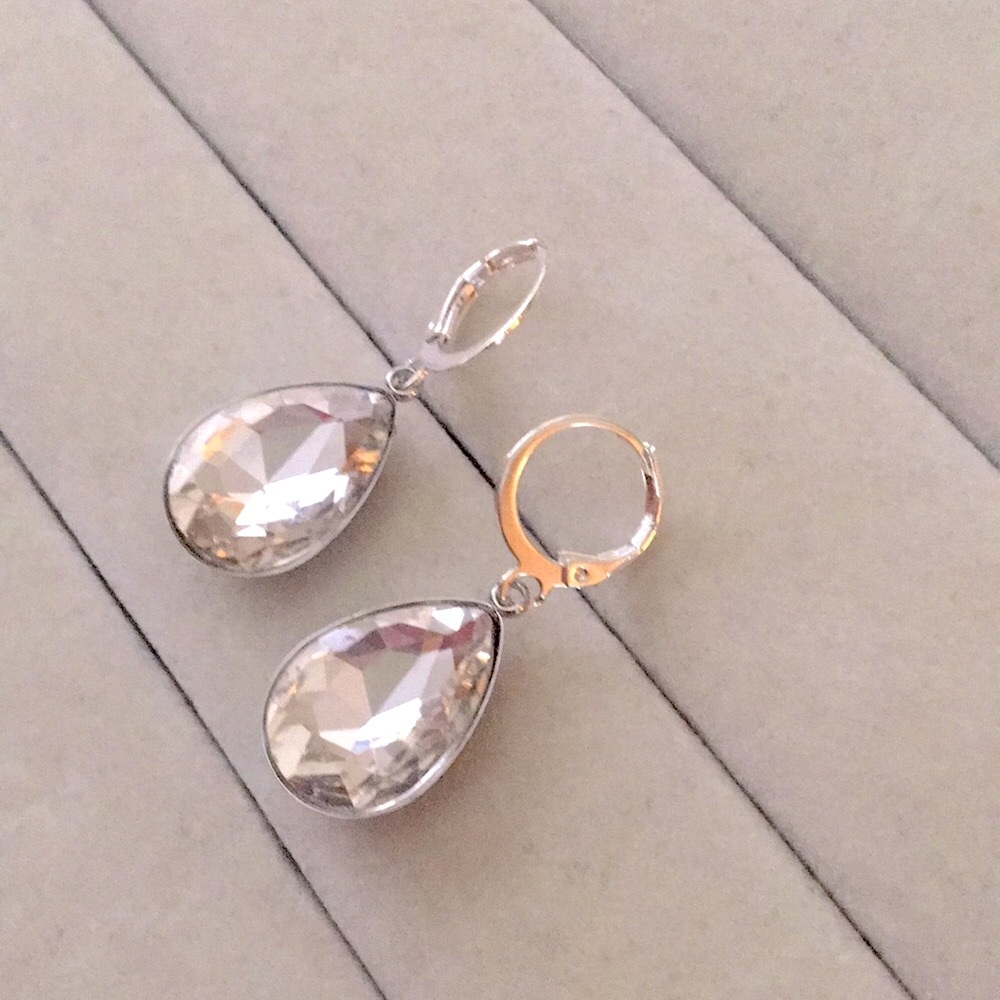 Silver + Stainless Steel Crystal Pear Drop Earrings - Picture 6 of 7